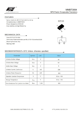 MMBT3904 200mW NPN Transistores encapsulados de plástico sin luz y paquete SOT-23